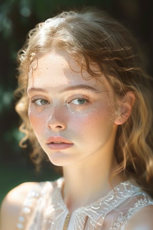 A serene summer snapshot captures a woman's tranquil moment, her long wavy blonde hair with sulty eyes looking in the camera, porcelain skin with little freckle, diffused lighting minimizes glare, allowing the subject to blend seamlessly with the clear background, inviting the viewer to step into the idyllic scene.