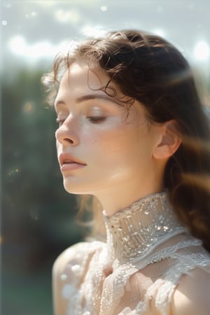 A serene summer snapshot captures a woman's tranquil moment, her long wavy blonde hair with sulty eyes looking in the camera, porcelain skin, diffused lighting minimizes glare, allowing the subject to blend seamlessly with the clear background, inviting the viewer to step into the idyllic scene.