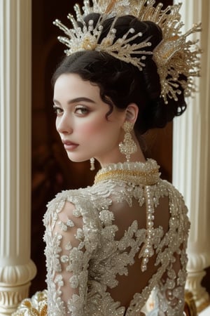 Create an image of a beautiful woman, showing an elaborate hairstyle and intricate details, and decorated with luxurious jewelry, possibly with precious stones. The characters should be dressed in exquisite costumes to reflect royalty or nobility, and the environment should have a warm, bright atmosphere to enhance the magnificence of the scene.
A regal beauty stands poised before a golden backdrop, her piercing gaze meeting the viewer's direct stare. A majestic coiffure cascades down her back, adorned with delicate filigree and sparkling gemstones that refract warm light. Her porcelain complexion glows softly in the radiant atmosphere, as she wears an opulent gown of silk and velvet, embroidered with intricate patterns that shimmer like moonlight. a majestic throne or ornate balcony provides a regal backdrop for this vision of elegance.