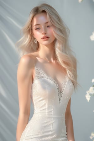 A serene 18-year-old beauty stands amidst a white floral backdrop, her long, platinum blonde hair cascading down her back like a river of sunset hues. She gazes directly at the viewer, her bright blue eyes sparkling like diamonds against her porcelain complexion. The soft sunlight dancing across her face and shoulders creates a warm glow, while the airy white lace dress with gemstones adorns her slender figure, radiating elegance. Her delicate features seem to come alive as she tilts her head ever so slightly, inviting the viewer into her tranquil world.