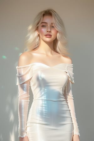 A serene 20-year-old beauty stands agaist a white backdrop, her platinum blonde hair cascading down sparkling like diamonds against her porcelain complexion. The soft sunlight dancing across her face and shoulders creates a warm glow, while the off shoulder delicate airy white lace dress weave with shiny gemstones adorns her slender figure, radiating elegance. body facing foward at the camera.