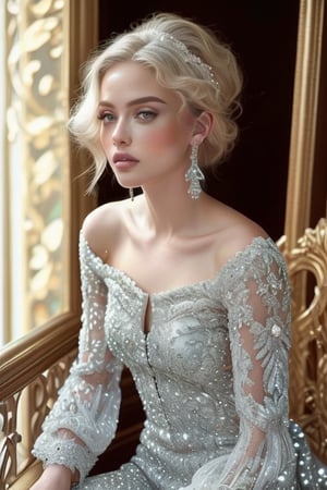 A stunning 20-year-old beauty, adorned with luxurious jewelry featuring precious stones, sits majestically on a ornate balcony, surrounded by warmth and radiance. Her short, wavy platinum blond hair frames her healthy porcelain complexion, as she wears an exquisite off-shoulder gown made of delicate lace and sparkling gemstones that refract the warm light. The intricate patterns embroidered on the dress shimmer like moonlight, casting a mesmerizing glow. Softly lit, the atmosphere amplifies the magnificence of this regal vision, where modern royalty or nobility is redefined.