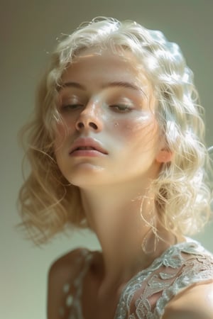 A serene summer snapshot captures a woman's tranquil moment, her long wavy blonde hair with sulty eyes looking in the camera, porcelain skin, diffused lighting minimizes glare, allowing the subject to blend seamlessly with the clear background, inviting the viewer to step into the idyllic scene.