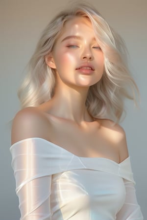 A serene 20-year-old beauty stands agaist a white backdrop, her platinum blonde hair cascading down sparkling like diamonds against her porcelain complexion. The soft sunlight dancing across her face and shoulders creates a warm glow, while the off shoulder delicate airy white lace dress weave with shiny gemstones adorns her slender figure, radiating elegance. body facing foward at the camera.