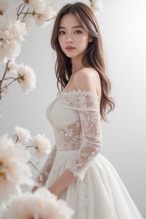 A 18 years old beauty stands statuesque against a white backdrop of blooming transparent and over-size white flowers, She wears an off-shoulder soft lace couture gown in soft white and diamonds in a contemporary style, with delicate patterns refracting the light and casting a subtle sparkle. Her eyes lock onto the camera's lens, exuding a mesmerizing aura as petals and vines frame her regal presence, redefining modern nobility in a striking tableau of elegance and refinement.