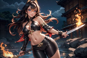 1 girl, 
Dehya from Genshin Impact,

long hair, floating hair, hair jewelry, 
beautiful face, detailed eyes, serious eyes, little smile,

glowing eyes, black eyeshadow, 

(bare shoulders), big breasts, curvy hips, belly button, 

((tight clothes)), hanging a sword,
((leather)),

high contrast,
full size shot, posing for viewer, looking at viewer,

japanese plains background, (nightfall), flames background,

masterpiece, high resolution, dynamic colors,