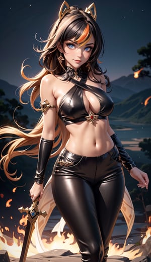 1 girl, 
Dehya from Genshin Impact,

long hair, floating hair, hair jewelry, 
beautiful face, detailed eyes, serious eyes, little smile,

glowing eyes, black eyeshadow, 

(bare shoulders), big breasts, curvy hips, belly button, 

((tight clothes)), hanging a sword,
((leather)),

high contrast,
full size shot, posing for viewer, looking at viewer,

japanese plains background, (nightfall), flames background,

masterpiece, high resolution, dynamic colors,