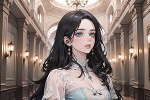 ((Black hair)), center parthair, straight long hair, blue eyes, wearing a ((Romanticism dress:1.2)), by Raphael, masterpiece, upper body shot, magnificent indoor hall, Herioce,1 girl