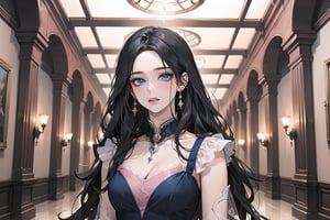 ((Black hair)), center parthair, straight long hair, blue eyes, Charm, wearing a ((Pink dress:1.2)), by Raphael, masterpiece, upper body shot, magnificent indoor hall, Herioce,1 girl