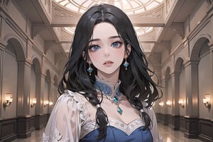 ((Black hair)), center parthair, straight long hair, blue eyes, Charm, wearing a ((Pink dress:1.2)), by Raphael, masterpiece, upper body shot, magnificent indoor hall, Herioce,1 girl