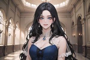 ((Black hair)), center parthair, straight long hair, blue eyes, smirk, wearing a ((Romanticism dress:1.2)), by Raphael, masterpiece, upper body shot, magnificent indoor hall, Herioce,1 girl