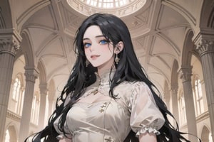 ((Black hair)), center parthair, straight long hair, blue eyes, smirk, wearing a ((Romanticism dress:1.2)), by Raphael, masterpiece, upper body shot, magnificent indoor hall, Herioce,1 girl