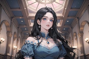 ((Black hair)), center parthair, straight long hair, blue eyes, Charm, wearing a ((Pink dress:1.2)), by Raphael, masterpiece, upper body shot, magnificent indoor hall, Herioce,1 girl