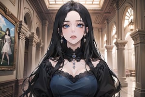 ((Black hair)), center parthair, straight long hair, blue eyes, wearing a ((Romanticism dress:1.2)), by Raphael, masterpiece, upper body shot, magnificent indoor hall, Herioce,1 girl