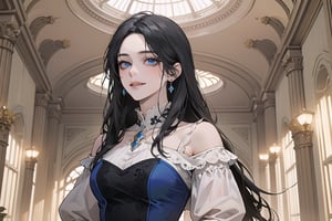 ((Black hair)), center parthair, straight long hair, blue eyes, smirk, wearing a ((Romanticism dress:1.2)), by Raphael, masterpiece, upper body shot, magnificent indoor hall, Herioce,1 girl