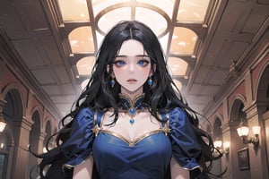 ((Black hair)), center parthair, straight long hair, blue eyes, Charm, wearing a ((royal red Dress:1.2)), by Raphael, masterpiece, upper body shot, magnificent indoor hall, Herioce,1 girl