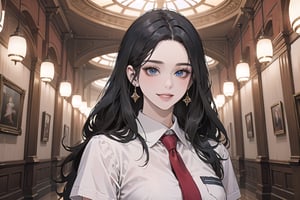 ((Black hair)), center parthair, straight long hair, blue eyes, evil smile, wearing a ((school uniform)), red tie, short sleeve, by Raphael, masterpiece, upper body shot, magnificent indoor hall, Herioce,1 girl