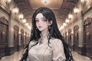 ((Black hair)), center parthair, straight long hair, blue eyes, Charm, wearing a ((Romanticism dress:1.2)), by Raphael, masterpiece, upper body shot, magnificent indoor hall, Herioce,1 girl