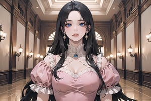 ((Black hair)), center parthair, straight long hair, blue eyes, Charm, wearing a ((Pink dress:1.2)), by Raphael, masterpiece, upper body shot, magnificent indoor hall, Herioce,1 girl