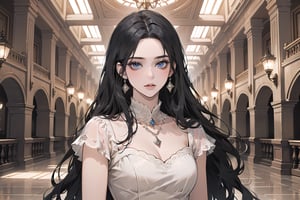 ((Black hair)), center parthair, straight long hair, blue eyes, Charm, wearing a ((Red)) ((Romanticism dress:1.2)), by Raphael, masterpiece, upper body shot, magnificent indoor hall, Herioce,1 girl