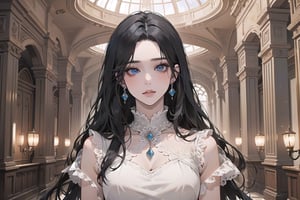 ((Black hair)), center parthair, straight long hair, blue eyes, wearing a ((Romanticism dress:1.2)), by Raphael, masterpiece, upper body shot, magnificent indoor hall, Herioce,1 girl