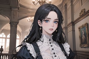 ((Black hair)), center parthair, straight long hair, blue eyes, Charm, wearing a ((Victorian dress:1.2)), by Raphael, masterpiece, upper body shot, magnificent indoor hall, Herioce,1 girl