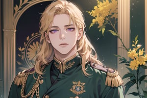 1 man, ((Goldenrod hair)), ((long straight hair)), (purple eyes), ((Medium score)), To reveal the forehead, handsome, angular jaw, thick neck, close mouth, royal, prince, upper body, male focus, (((military uniform:1.3))), long sleeve, by Raphael, masterpiece, upper body shot, magnificent indoor hall