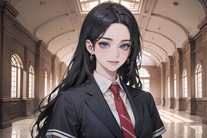 ((Black hair)), center parthair, straight long hair, blue eyes, evil smile, wearing a ((school uniform)), red tie, short sleeve, by Raphael, masterpiece, upper body shot, magnificent indoor hall, Herioce,1 girl