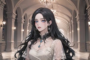 ((Black hair)), center parthair, straight long hair, blue eyes, Charm, wearing a ((Romanticism dress:1.2)), by Raphael, masterpiece, upper body shot, magnificent indoor hall, Herioce,1 girl