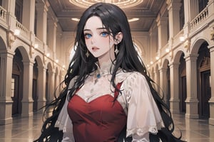 ((Black hair)), center parthair, straight long hair, blue eyes, Charm, wearing a ((Red Dress:1.2)), lace, by Raphael, masterpiece, upper body shot, magnificent indoor hall, Herioce,1 girl