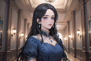 ((Black hair)), center parthair, straight long hair, blue eyes, Charm, wearing a ((royal red Dress:1.2)), by Raphael, masterpiece, upper body shot, magnificent indoor hall, Herioce,1 girl