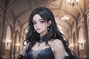 ((Black hair)), center parthair, straight long hair, blue eyes, Charm, wearing a ((Red)) ((Romanticism dress:1.2)), by Raphael, masterpiece, upper body shot, magnificent indoor hall, Herioce,1 girl