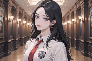 ((Black hair)), center parthair, straight long hair, blue eyes, smirk, wearing a ((school uniform)), red tie, short sleeve, by Raphael, masterpiece, upper body shot, magnificent indoor hall, Herioce,1 girl