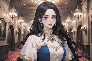 ((Black hair)), center parthair, straight long hair, blue eyes, Charm, wearing a ((royal Dress:1.2)), by Raphael, masterpiece, upper body shot, magnificent indoor hall, Herioce,1 girl