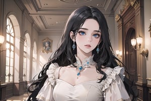 ((Black hair)), center parthair, straight long hair, blue eyes, Charm, wearing a ((royal Dress:1.2)), by Raphael, masterpiece, upper body shot, magnificent indoor hall, Herioce,1 girl