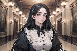 ((Black hair)), center parthair, straight long hair, blue eyes, Charm, wearing a ((Victorian dress:1.2)), by Raphael, masterpiece, upper body shot, magnificent indoor hall, Herioce,1 girl