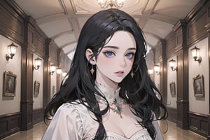 ((Black hair)), center parthair, straight long hair, blue eyes, Charm, wearing a ((Dress:1.2)), by Raphael, masterpiece, upper body shot, magnificent indoor hall, Herioce,1 girl