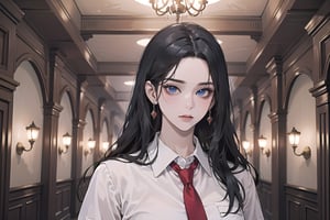 ((Black hair)), center parthair, straight long hair, blue eyes, evil amile, wearing a ((school uniform)), red tie, short sleeve, by Raphael, masterpiece, upper body shot, magnificent indoor hall, Herioce,1girl