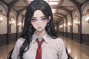 ((Black hair)), center parthair, straight long hair, blue eyes, evil amile, wearing a ((school uniform)), red tie, short sleeve, by Raphael, masterpiece, upper body shot, magnificent indoor hall, Herioce,1girl