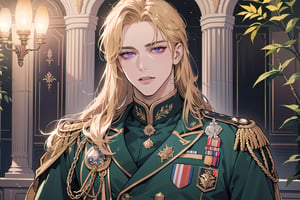 1 man, ((Goldenrod hair)), ((long straight hair)), (purple eyes), ((Medium score)), To reveal the forehead, handsome, angular jaw, thick neck, close mouth, royal, prince, upper body, male focus, (((military uniform:1.3))), long sleeve, by Raphael, masterpiece, upper body shot, magnificent indoor hall