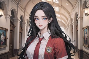 ((Black hair)), center parthair, straight long hair, blue eyes, evil smile, wearing a ((school uniform)), red tie, short sleeve, by Raphael, masterpiece, upper body shot, magnificent indoor hall, Herioce,1 girl