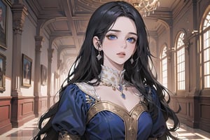 ((Black hair)), center parthair, straight long hair, blue eyes, Charm, wearing a ((royal red Dress:1.2)), by Raphael, masterpiece, upper body shot, magnificent indoor hall, Herioce,1 girl