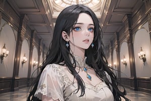 ((Black hair)), center parthair, straight long hair, blue eyes, Charm, wearing a ((Romanticism dress:1.2)), by Raphael, masterpiece, upper body shot, magnificent indoor hall, Herioce,1 girl