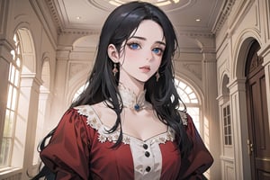 ((Black hair)), center parthair, straight long hair, blue eyes, Charm, wearing a ((Red Dress:1.2)), by Raphael, masterpiece, upper body shot, magnificent indoor hall, Herioce,1 girl