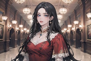 ((Black hair)), center parthair, straight long hair, blue eyes, Charm, wearing a ((Red Dress:1.2)), lace, by Raphael, masterpiece, upper body shot, magnificent indoor hall, Herioce,1 girl