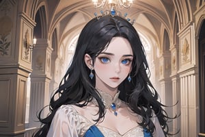 ((Black hair)), center parthair, straight long hair, blue eyes, Charm, wearing a ((royal Dress:1.2)), by Raphael, masterpiece, upper body shot, magnificent indoor hall, Herioce,1 girl