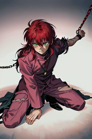 1boy, solo, red hair, long hair, green eyes, cute face, Kurama ,

kuramastd, pink school uniform, pink uniform,
tied, chains, prison, 

torn clothes, injury, pained expression,
hang arms, kneeling pose,chain on neck, chain on hands,
chained_up,