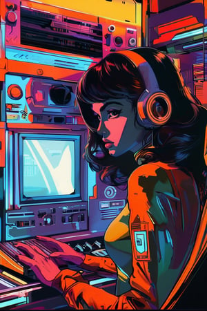 Sony play station 1 style (by Loish, Leyendecker, James Gilleard), comic book panel, beautiful pinup girl, leaning back, cute face, anatomically_correct, (sexy and aesthetic), (cybernetic, cyborg:0.3), 1970s theme and color pallete, retro futuristic, space ship interior background, cyberpunk, txznmec,