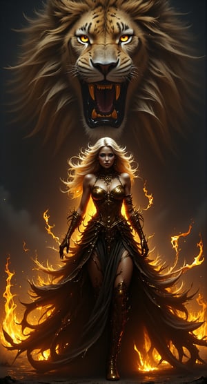 Masterpiece, professional, award-winning, intricate details, ultra high detailed, 64k, volumetric light, dynamic lighting, Movie Aesthetic, action shot. Dark fantasy. A radiant blonde-haired warrior stands triumphantly, her flowing lion skin skirt swirling around her legs like a golden whirlpool. Her dress features an intricate tiger pattern that seems to come alive beneath the soft light. One hand forms a 'paw' shape, while the other arm is raised in victory. The fiery intensity of her blue-eyeshadowed gaze is matched only by the ferocity of the massive lion looming in the background, its roar echoing through the dark surroundings as if it's about to pounce into the scene.
Conjure an atmosphere that embodies the essence of a black magician, bringing to life the menacing presence of this dark fantasy antagonist with a perfect blend of sinister allure and formidable strength.