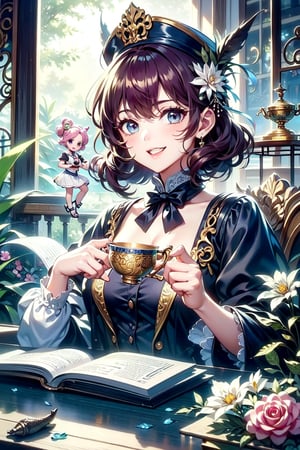 A whimsical portrait of a ravishing female Mad Hatter, sitting precariously on a ornate, oversized tea cup in a lush, vibrant garden. Her bright pink hair is styled in a dramatic updo, adorned with flowers and feathers. A mischievous grin spreads across her face as she holds a delicate, gemstone-encrusted teapot. Soft, golden light filters through the foliage, illuminating her porcelain doll-like complexion.